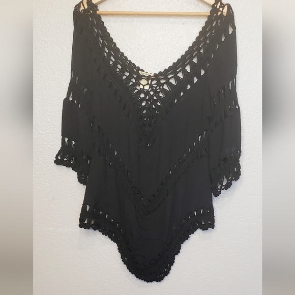 💚5/$25 Black Crochet Long Tunic Top Coverup Boho Festival Off The Shoulder - Picture 6 of 9